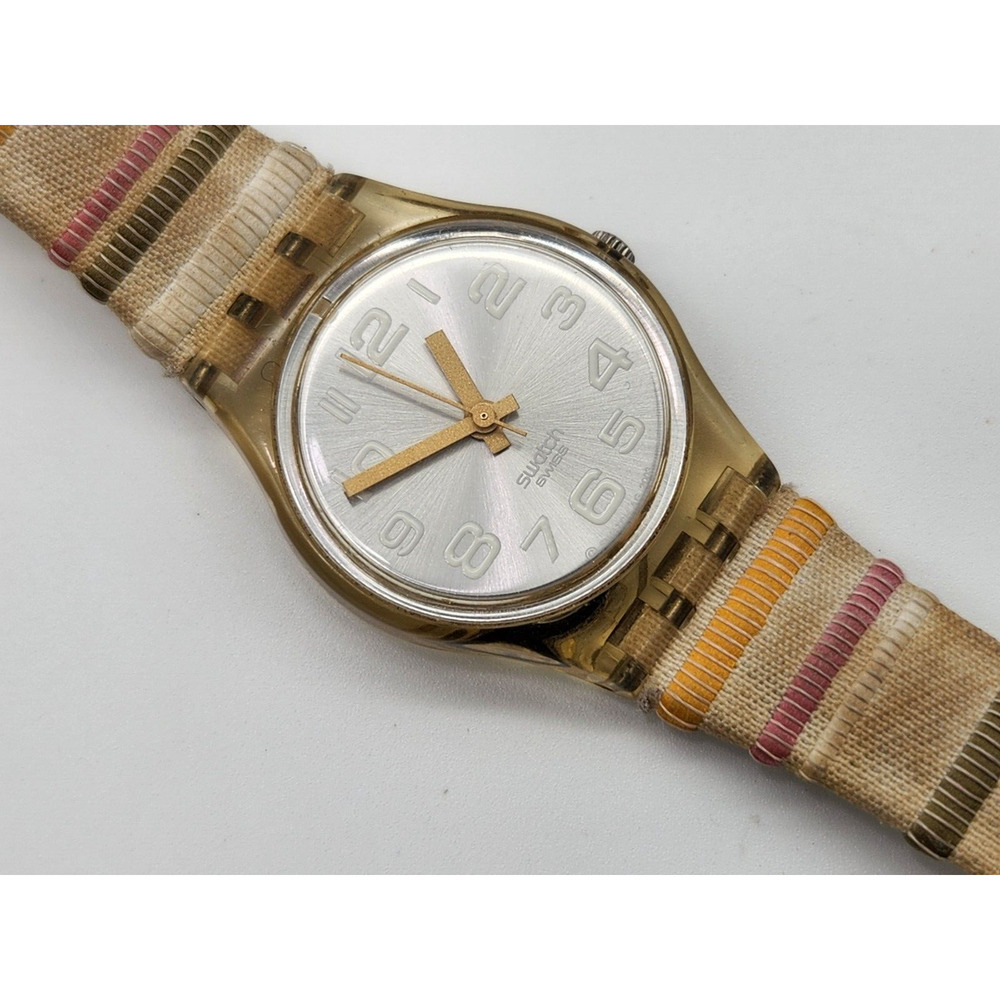 VTG Swatch Watch Women 24mm Silver Tone Dial Rainbow Cloth Band 6103 New Battery
